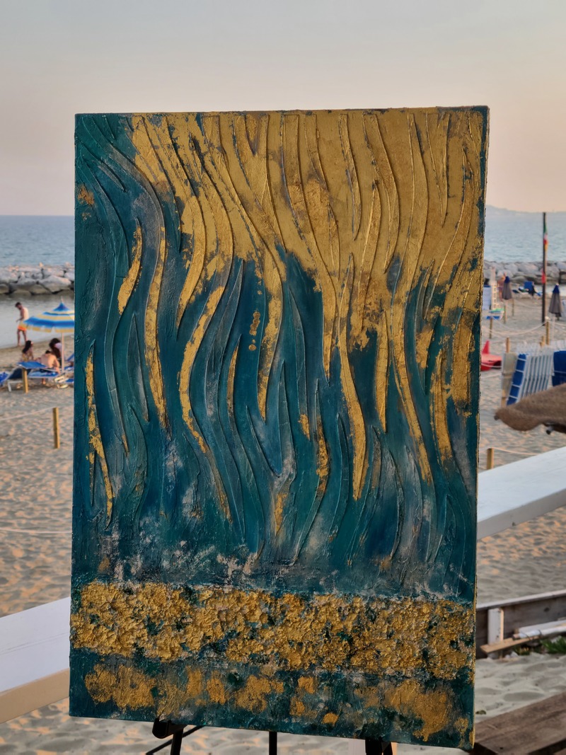 フォルミアのTortugaのビーチとマッジーフランチェスコの絵画　光の滝　イタリア人現代アーティス
