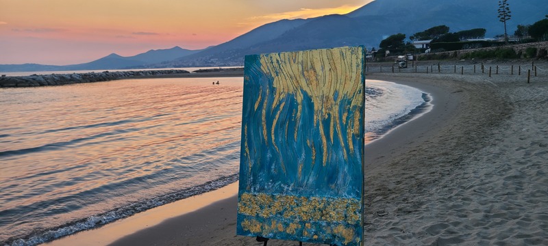 フォルミアのTortugaの海とマッジーフランチェスコの絵画 光の滝 イタリア人現代アーティス