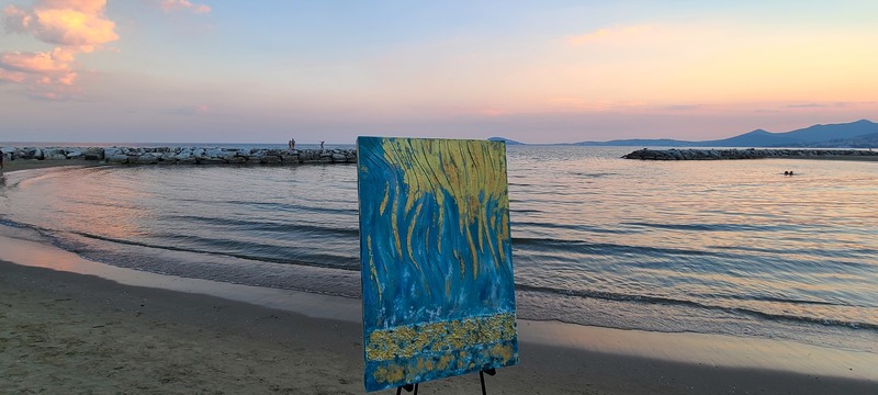 フォルミアのTortugaのビーチとマッジーフランチェスコの絵画 光の滝 イタリア人現代アーティス