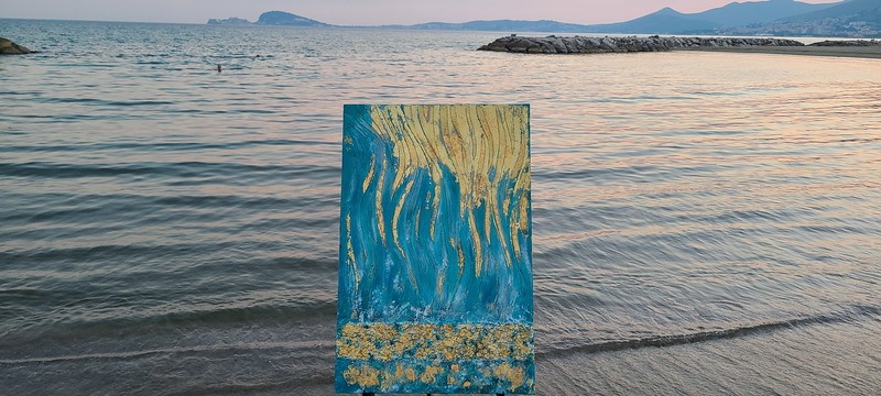 フォルミアのTortugaの海とマッジーフランチェスコの絵画 光の滝 イタリア人現代アーティス