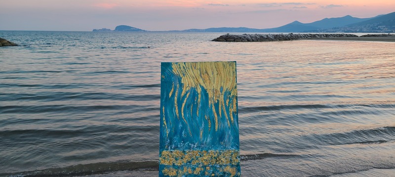 フォルミアのTortugaの海とマッジーフランチェスコの絵画　光の滝　イタリア人現代アーティス