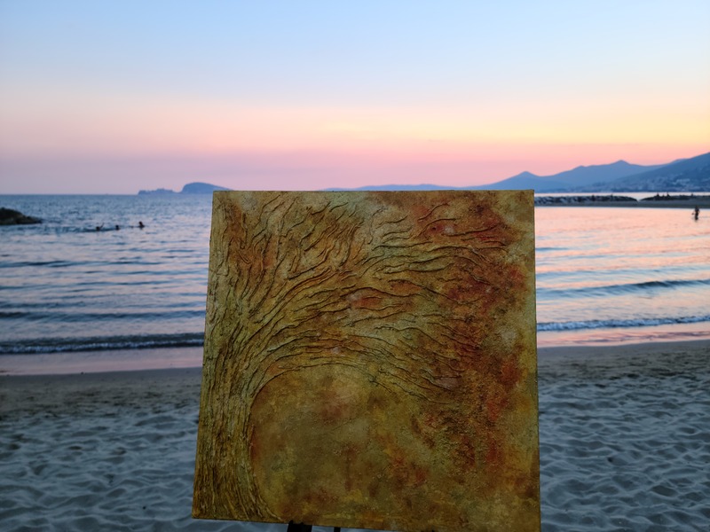 フォルミアのTortugaの海のサンセットとマッジーフランチェスコの絵画 太陽の木 イタリア人現代アーティス